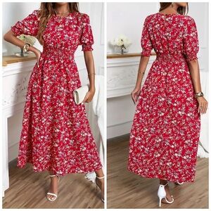 Blossoming Floral Print Maxi Dress Romantic Puff Sleeves & Shirred Bodice Size M